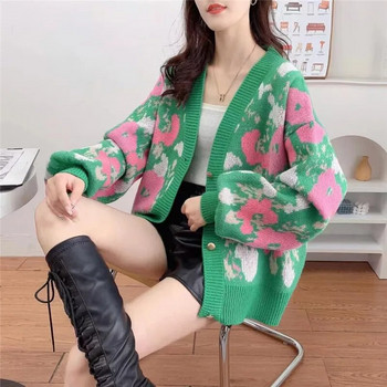 Корейски мързелив стил Жилетки с контрастни цветове за жени Есен Зима Нов плетен пуловер Дамско външно облекло Плетено палто