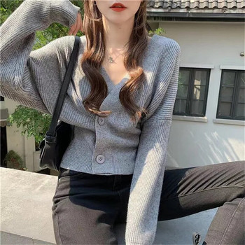 Корейска мода, пролет, есен, трикотажни изделия с дълъг ръкав, тънък пуловер с V-образно деколте за жени, плетена жилетка с копчета, женска жилетка