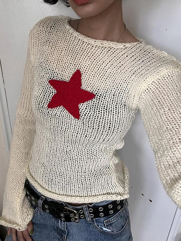 Y2K džemperis sievietēm, jauks, zvaigžņots, trikotāžas apģērbs, retro stila trikotāža ar garām piedurknēm