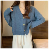 Κορεάτικα γυναικεία φθινοπωρινά ανοιξιάτικα ρούχα με λαιμόκοψη σε σχήμα V Νέα απαλή πλεκτή ζακέτα Φαρδύ μακρυμάνικο πουλόβερ Γυναικεία πλεκτά τοπ