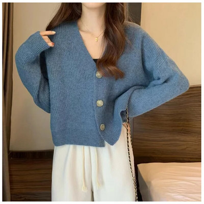 Κορεάτικα γυναικεία φθινοπωρινά ανοιξιάτικα ρούχα με λαιμόκοψη σε σχήμα V Νέα απαλή πλεκτή ζακέτα Φαρδύ μακρυμάνικο πουλόβερ Γυναικεία πλεκτά τοπ