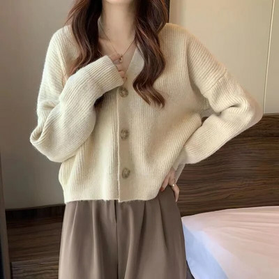 Κορεάτικα γυναικεία φθινοπωρινά ανοιξιάτικα ρούχα με λαιμόκοψη σε σχήμα V Νέα απαλή πλεκτή ζακέτα Φαρδύ μακρυμάνικο πουλόβερ Γυναικεία πλεκτά τοπ