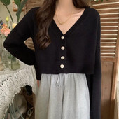 Pavasario rudens mezginiai Madingi nauji megztiniai su V formos iškirpte moterims Trumpi viršutiniai drabužiai ilgomis rankovėmis, megzti apatiniai drabužiai, megztinis, paltas moterims