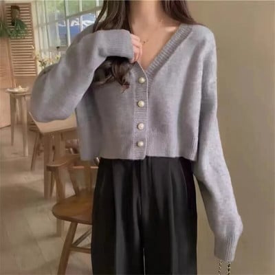 Pavasario rudens mezginiai Madingi nauji megztiniai su V formos iškirpte moterims Trumpi viršutiniai drabužiai ilgomis rankovėmis, megzti apatiniai drabužiai, megztinis, paltas moterims