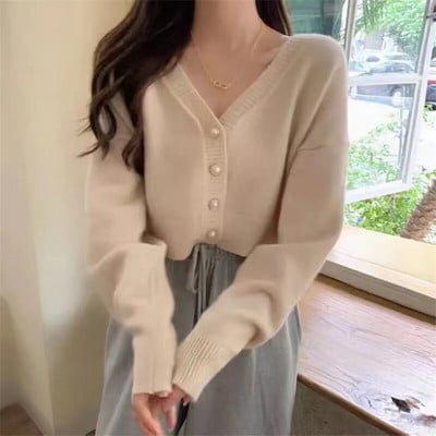 Pavasario rudens mezginiai Madingi nauji megztiniai su V formos iškirpte moterims Trumpi viršutiniai drabužiai ilgomis rankovėmis, megzti apatiniai drabužiai, megztinis, paltas moterims