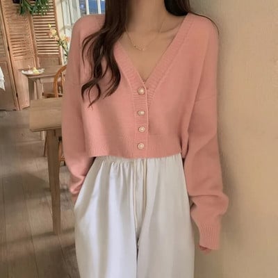 Pavasario rudens mezginiai Madingi nauji megztiniai su V formos iškirpte moterims Trumpi viršutiniai drabužiai ilgomis rankovėmis, megzti apatiniai drabužiai, megztinis, paltas moterims