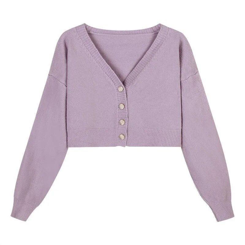 Pavasario rudens mezginiai Madingi nauji megztiniai su V formos iškirpte moterims Trumpi viršutiniai drabužiai ilgomis rankovėmis, megzti apatiniai drabužiai, megztinis, paltas moterims