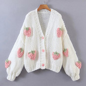 Rudens ziema sieviešu apģērbi ar V-veida kakla izgriezumu, laternas piedurknēm, jaciņas, sieviešu džemperis, mētelis, ar zemeņu apdruku, trikotāžas topi