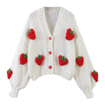 Φθινοπωρινά χειμωνιάτικα γυναικεία ρούχα Φανάρι μανίκια με λαιμόκοψη Ζακέτες Γυναικείο πουλόβερ Πλεκτά μπλούζες με στάμπα γλυκού φράουλα