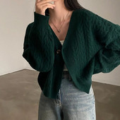 Korejiešu šiks rudens ziemas džemperis Sieviešu mētelis Jauns vintage V veida kakla izgriezums ar garām piedurknēm Īss adījums jaciņš Sieviešu trikotāžas Topi