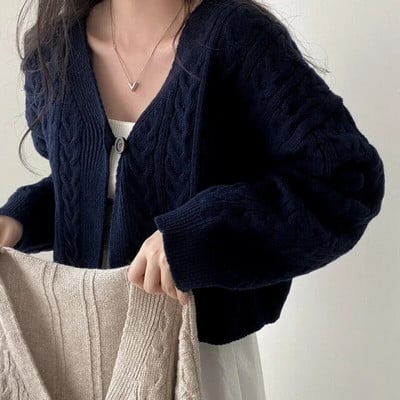 Korejiešu šiks rudens ziemas džemperis Sieviešu mētelis Jauns vintage V veida kakla izgriezums ar garām piedurknēm Īss adījums jaciņš Sieviešu trikotāžas Topi