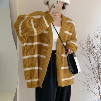 Корейска версия Мързелива плетена жилетка за жени, палто, контрастни райета, есен, зима, реколта, широк пуловер с V-образно деколте, трикотажни изделия, горнища