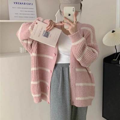 Korejas versija, slinks adīts jaciņš sievietēm, mētelis, kontrastains, svītrains rudens ziemas vintage V veida kakla izgriezums, brīvs džemperis, trikotāžas topi