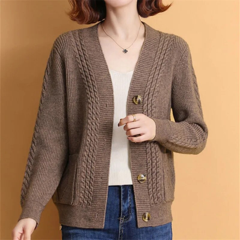 Pusmūža mātes trikotāžas džemperis Jaunas pogas Jaciņa ar garām piedurknēm Vintage pavasara rudens sieviešu mētelis jakas Para Mujer