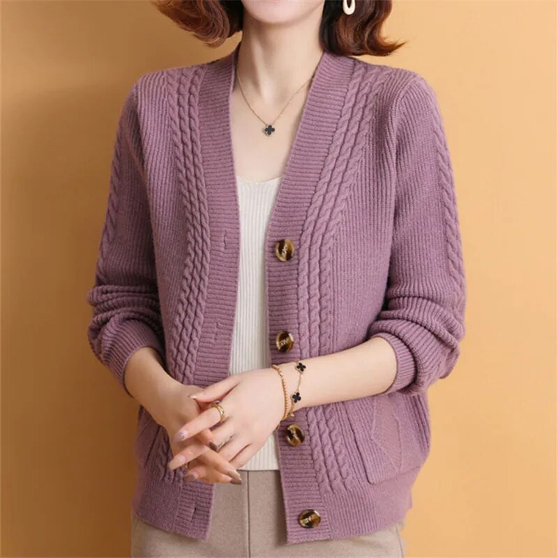 Pusmūža mātes trikotāžas džemperis Jaunas pogas Jaciņa ar garām piedurknēm Vintage pavasara rudens sieviešu mētelis jakas Para Mujer