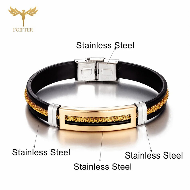 Ανδρικά βραχιόλια από ανοξείδωτο ατσάλι Μαύρη ζώνη σιλικόνης με βραχιόλι με χρυσή αλυσίδα Cool wrap μανσέτα Μόδα κοσμήματα αξεσουάρ