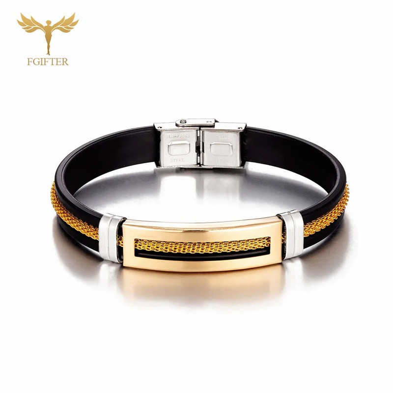 Ανδρικά βραχιόλια από ανοξείδωτο ατσάλι Μαύρη ζώνη σιλικόνης με βραχιόλι με χρυσή αλυσίδα Cool wrap μανσέτα Μόδα κοσμήματα αξεσουάρ