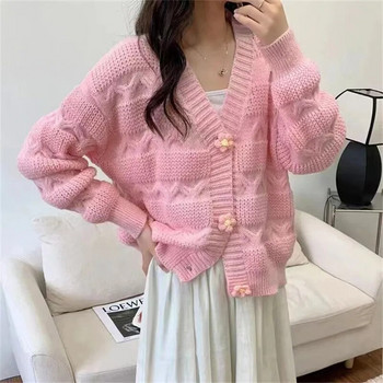 Нежен пуловер с копчета с цветя и вятър, палто, дамско пролетно-есенно ново сладко плетено дамско жилетка с дълъг ръкав с V-образно деколте Feminino