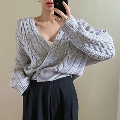 Korejas Ins pavasara rudens džemperi sievietēm Temperamenta V veida kakla izgriezums, ar vienu pogu, garām piedurknēm, trikotāžas mētelis, sieviešu jaka jaka