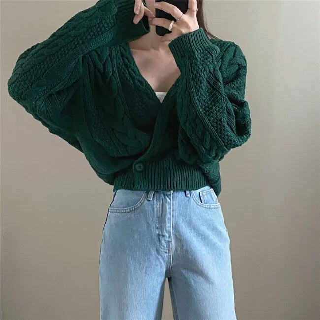 Korejas Ins pavasara rudens džemperi sievietēm Temperamenta V veida kakla izgriezums, ar vienu pogu, garām piedurknēm, trikotāžas mētelis, sieviešu jaka jaka