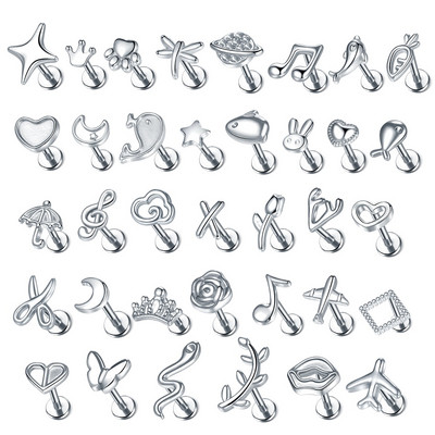 1PC Стоманено лунно осветление Labret Bar Rings Crystal Flower Tragus хрущял Пиърсинг Rook Lobe Ear Helix Piercing Screw Fit Top 16g