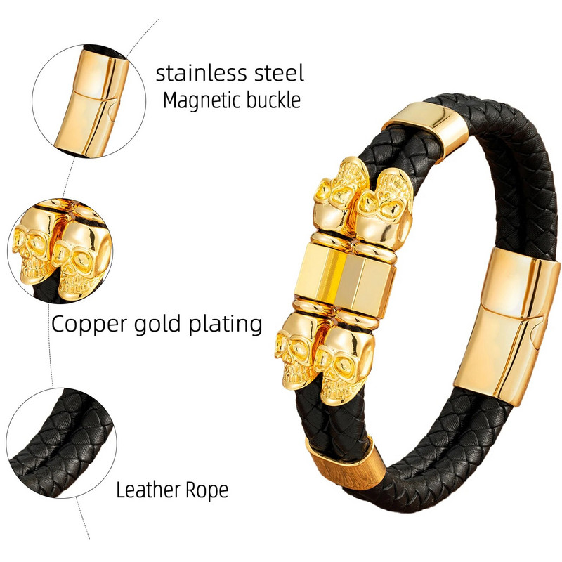 Gótikus kétrétegű szövött bőr koponya karkötő új bűbájok férfi hip-hop karkötő divat rock party ékszer barát ajándék