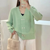 Japāņu stila pavasara rudens brīvs V veida kakla izgriezuma trikotāžas jaciņa, silti trikotāžas džemperis Mujer sieviešu mētelis ar garām piedurknēm