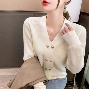 Японски стил пролет есен широка плетена жилетка с V-образно деколте топли трикотажни изделия пуловер Mujer двуредно дамско палто с дълъг ръкав