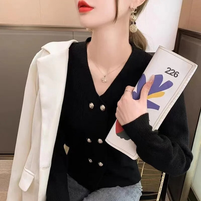 Japāņu stila pavasara rudens brīvs V veida kakla izgriezuma trikotāžas jaciņa, silti trikotāžas džemperis Mujer sieviešu mētelis ar garām piedurknēm