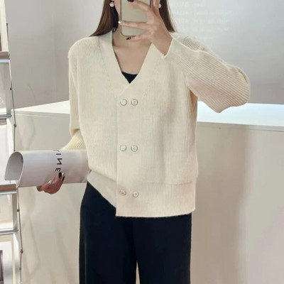 Japāņu stila pavasara rudens brīvs V veida kakla izgriezuma trikotāžas jaciņa, silti trikotāžas džemperis Mujer sieviešu mētelis ar garām piedurknēm