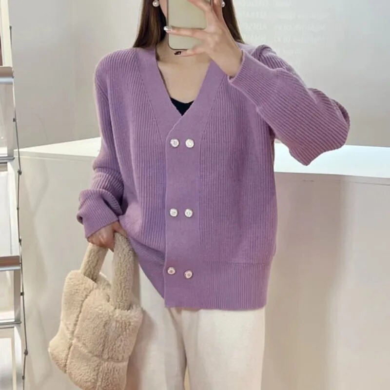 Japāņu stila pavasara rudens brīvs V veida kakla izgriezuma trikotāžas jaciņa, silti trikotāžas džemperis Mujer sieviešu mētelis ar garām piedurknēm