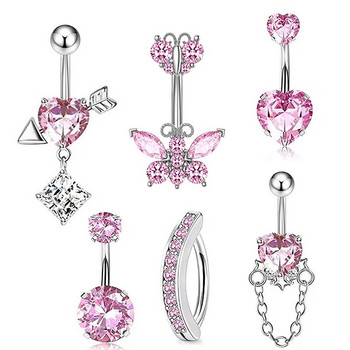 Пръстен с пеперуда от неръждаема стомана, висококачествен розов кристал, любовен пръстен за пиърсинг на пъпа за жени, секси декорация на тялото