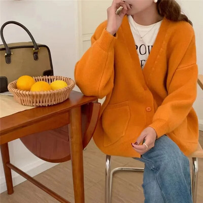 Lazy Style Pletiva Ženska odjeća Jesen Zima Novi Jednobojni pleteni kardigan s V-izrezom Ženski široki pulover velikih veličina Kaput