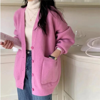Lazy Style Pletiva Ženska odjeća Jesen Zima Novi Jednobojni pleteni kardigan s V-izrezom Ženski široki pulover velikih veličina Kaput