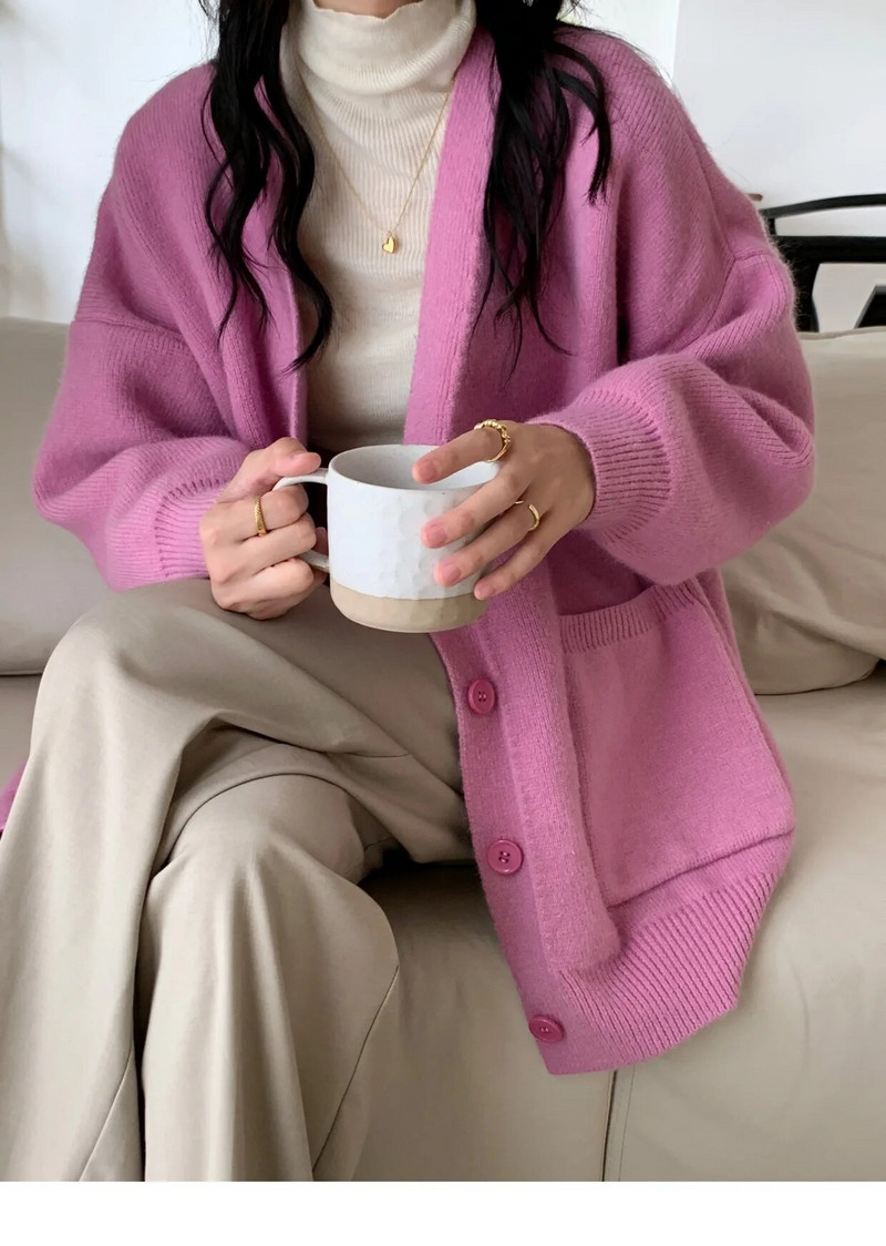 Lazy Style Pletiva Ženska odjeća Jesen Zima Novi Jednobojni pleteni kardigan s V-izrezom Ženski široki pulover velikih veličina Kaput