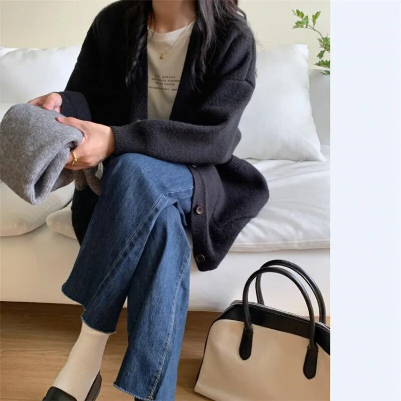 Lazy Style Pletiva Ženska odjeća Jesen Zima Novi Jednobojni pleteni kardigan s V-izrezom Ženski široki pulover velikih veličina Kaput