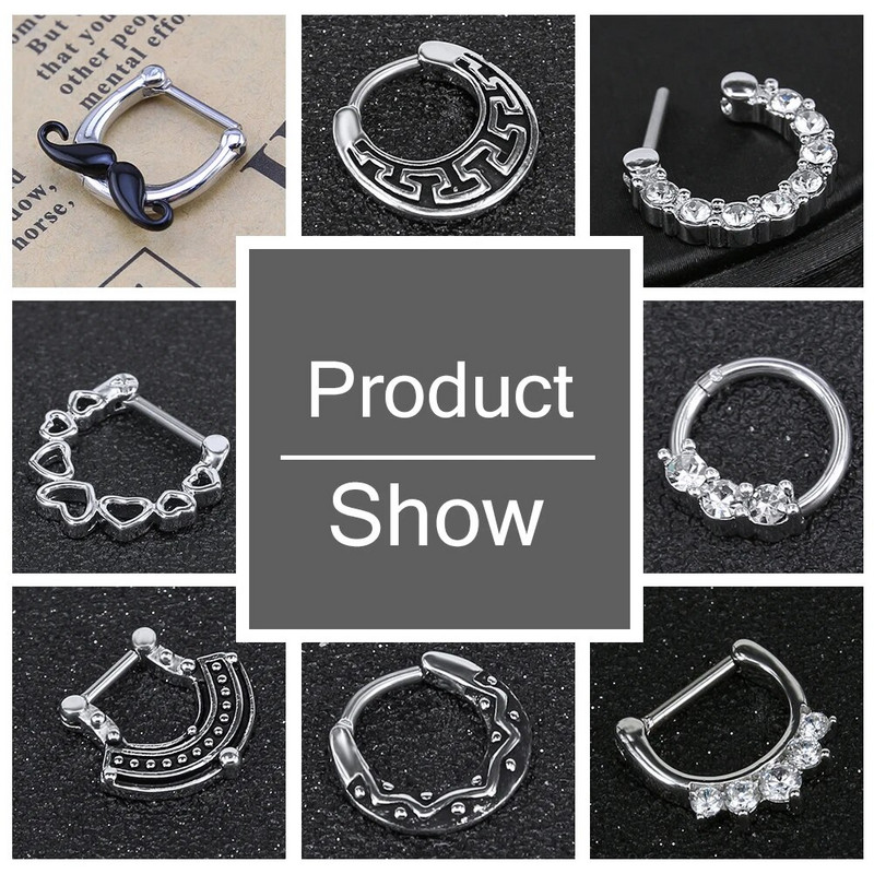 ZS 16G Ķirurģiskā tērauda Indijas deguna starpsienas gredzeni sievietēm kristāla auss spirāle klikera pīrsingi auskari starpsienas stīpas pīrsings rotaslietas