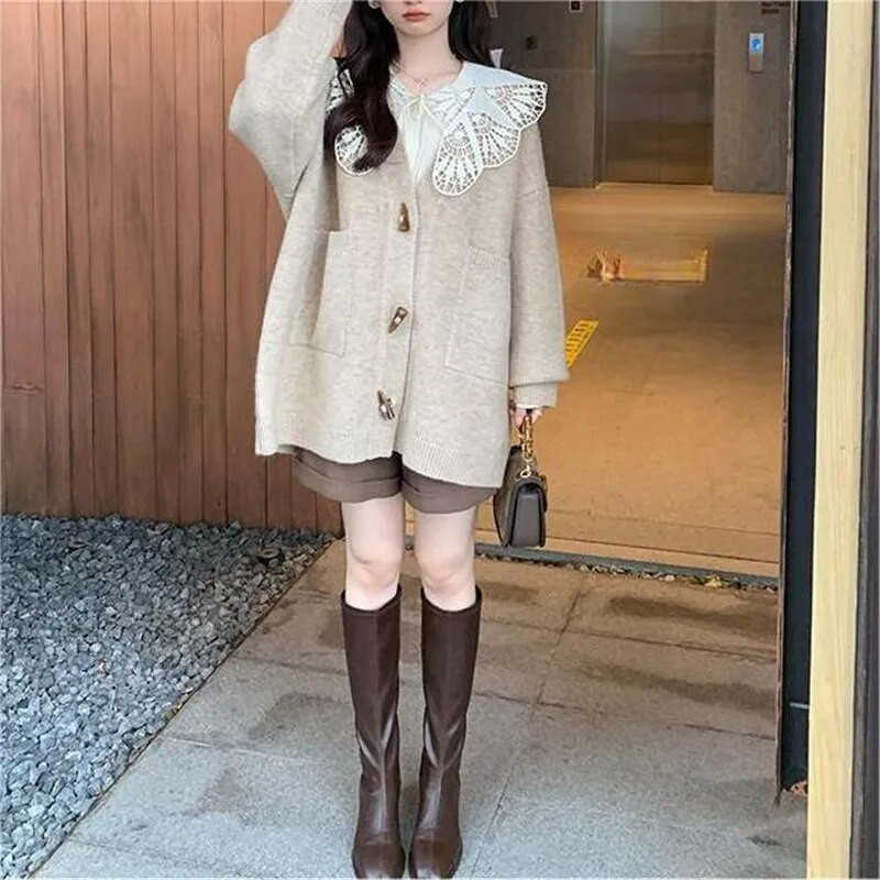 Rudens ziemas trikotāžas jakas Para Mujer Jauns korejiešu modes pogas Virsdrēbes Sieviešu mētelis brīvs ikdienas džemperu topi кардиган