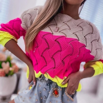 2023 Νέο γυναικείο πουλόβερ συνονθύλευμα Σέξι πλεκτό με κούφιο ύφος casual φαρδύ με πλήρες μανίκι O λαιμόκοψη Γυναικεία μπλουζάκια πουλόβερ Streetwear
