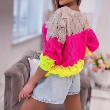 2023 Νέο γυναικείο πουλόβερ συνονθύλευμα Σέξι πλεκτό με κούφιο ύφος casual φαρδύ με πλήρες μανίκι O λαιμόκοψη Γυναικεία μπλουζάκια πουλόβερ Streetwear