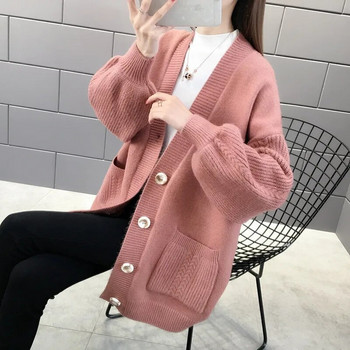 Винтидж жилетка с копчета с V-образно деколте и дълъг ръкав, есенно-зимен пуловер, дамско свободно трикотажно яке, жилетка, женски