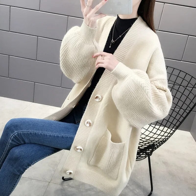 Vintage jaciņa ar pogu uz augšu V kakla adīšanas mētelis ar garām piedurknēm Rudens ziemas džemperis Sieviešu brīvs trikotāžas jaka кардиган женский