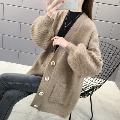 Vintage jaciņa ar pogu uz augšu V kakla adīšanas mētelis ar garām piedurknēm Rudens ziemas džemperis Sieviešu brīvs trikotāžas jaka кардиган женский