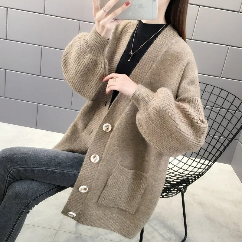 Vintage jaciņa ar pogu uz augšu V kakla adīšanas mētelis ar garām piedurknēm Rudens ziemas džemperis Sieviešu brīvs trikotāžas jaka кардиган женский