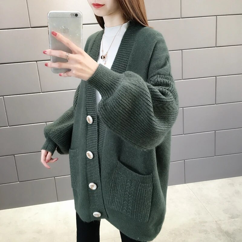 Vintage jaciņa ar pogu uz augšu V kakla adīšanas mētelis ar garām piedurknēm Rudens ziemas džemperis Sieviešu brīvs trikotāžas jaka кардиган женский
