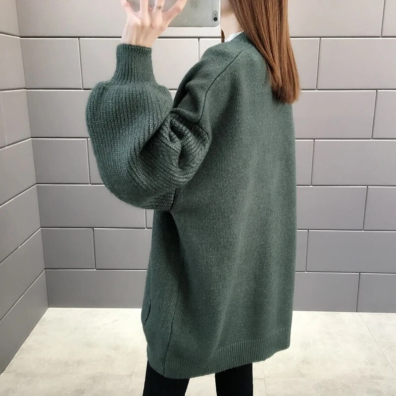 Vintage jaciņa ar pogu uz augšu V kakla adīšanas mētelis ar garām piedurknēm Rudens ziemas džemperis Sieviešu brīvs trikotāžas jaka кардиган женский