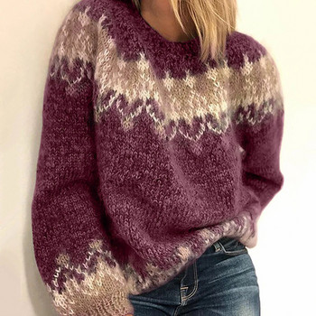2023 Нови есенно-зимни дамски плетени пуловери с щампа от мохер Жакардови джъмпери с пълен ръкав с О-образно деколте Топли дебели трикотажни пуловери