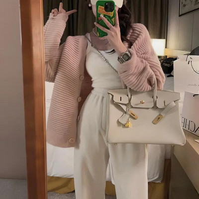 Retro prašmatnūs megzti megztiniai moterims rudens žiemai tinginio stiliaus megztinis paltas V formos iškirpte Mezginiai Viršus mygtukai Moteriški megztiniai