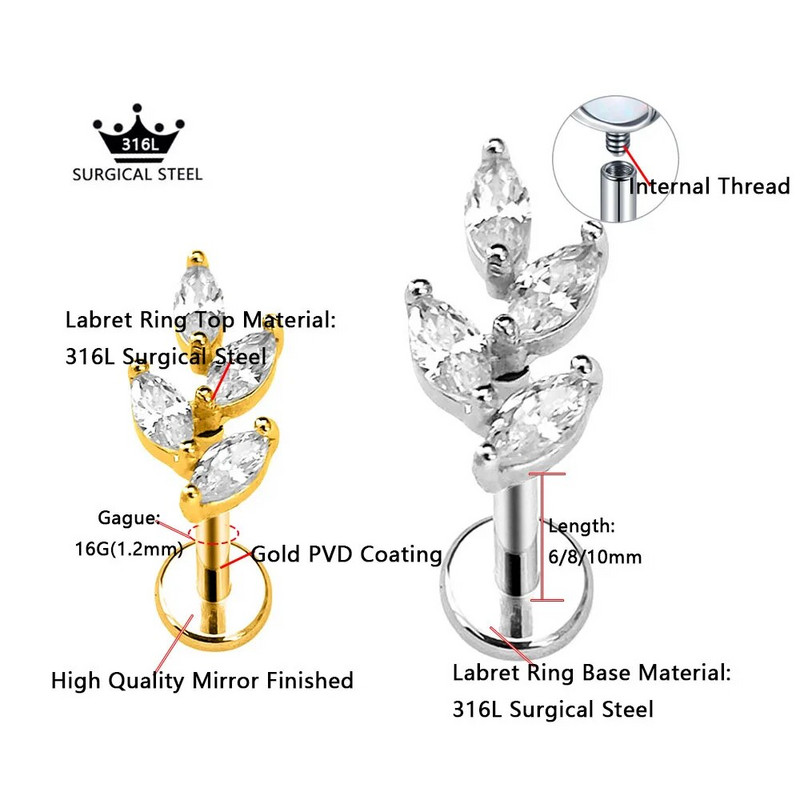 Ziedu Lapu Čūskas Apvalks Labret Stud Butterfly Branch Ziedlapiņas Lūpu Iekšējais pavediens Pīrsings Cross Heart CZ Daith Conch Auskars 16G
