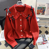 Sieviešu lelles apkakle, brīva trikotāžas jaciņa pavasara rudens īss džemperis, bantīte Dimanta saldie trikotāžas izstrādājumi Topi кардиган женский